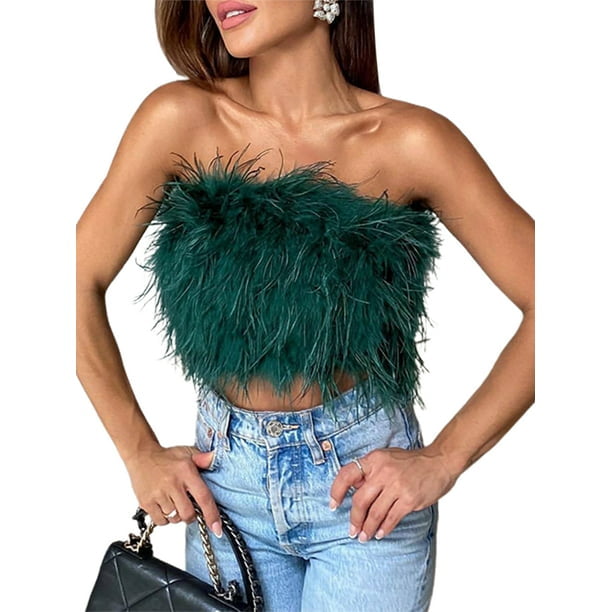 Diconna Women Faux Fur Tube Crop Top Solid Color Feather Strapless
