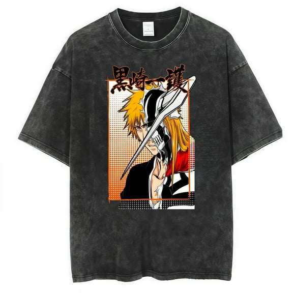 Bleach Men's Cotton Summer T-Shirts Vintage Tee Loose Fit Short Sleeve Casual Tshirts for Men Women S