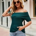 thumbnail image 3 of Defitshape Women's Knit Short Sleeve Shirt Summer Top Soft Fitted Fall One Shoulder Spring Basic Fashion Knitwear Sweater Dark Green Large, 3 of 4