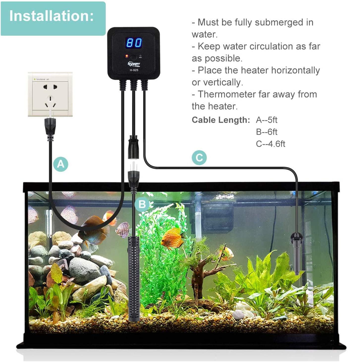 hygger 10-75 Gallon Small Aquarium Heater with LED Display Controller Quartz Submersible Fish Tank Heater 100W/200W/300W Saltwater Freshwater 