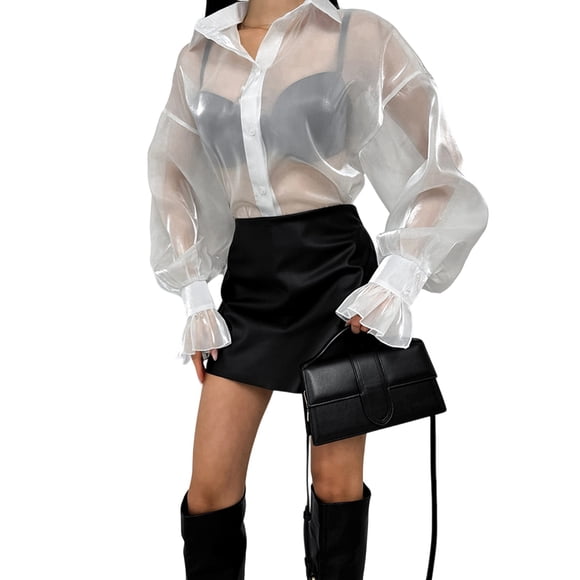 Women Sheer Long Sleeve Tops See Through Mesh Blouses Trendy Button Down Shirts Tunic White L