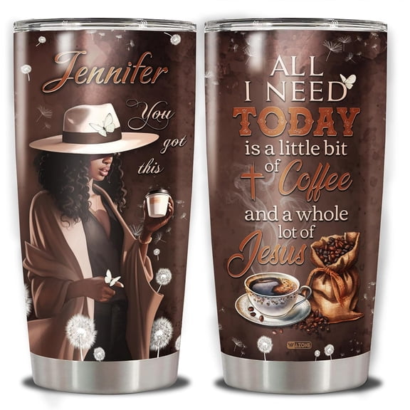 Personalized Black Queen Tumbler Cup Custom Name Jesus And Coffee 20oz 30oz Travel Mug with Lid Gift For African Woman American Afro Girl Encouragement Birthday Christmas Women's Day