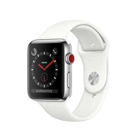 Restored Apple Watch 42MM Series 3 GPS + CELL Silver Stainless Steel Case with White Sport Band (Refurbished)