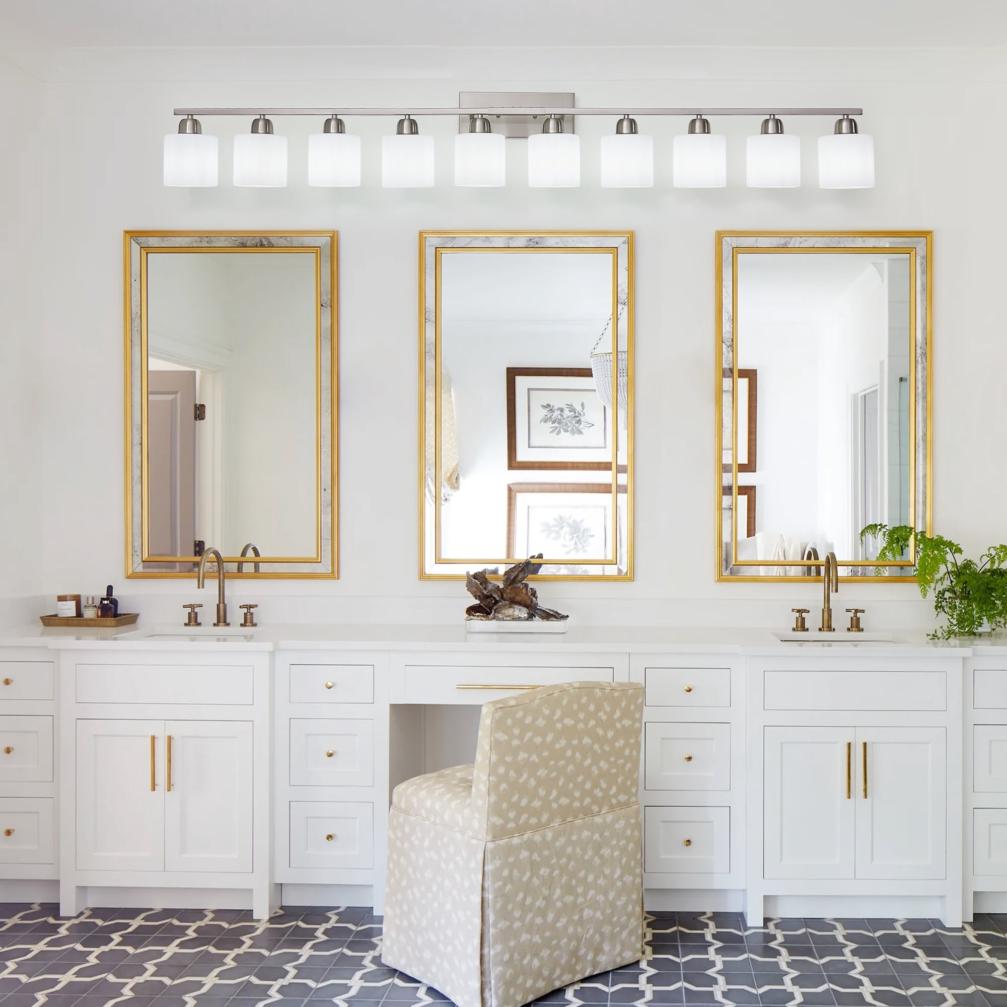 Leumius 10-Light Bathroom Vanity Light Fixture, Modern Vanity Light Over Mirror, Wall Sconces with Milky White Frosted Glass Shades for Mirror, Bathroom, Bedroom and Hallway Chrome (No Bulbs)