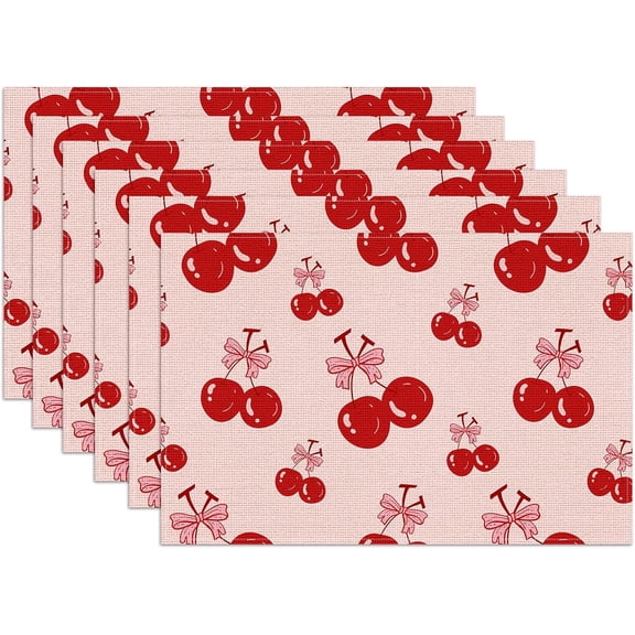 Red Cherry Bow Placemats Set of 6, Linen Place Mat Washable Stain Resistant Table Mats for Farmhouse Kitchen Dining Holiday Party Wedding Decor 12x18 Inch