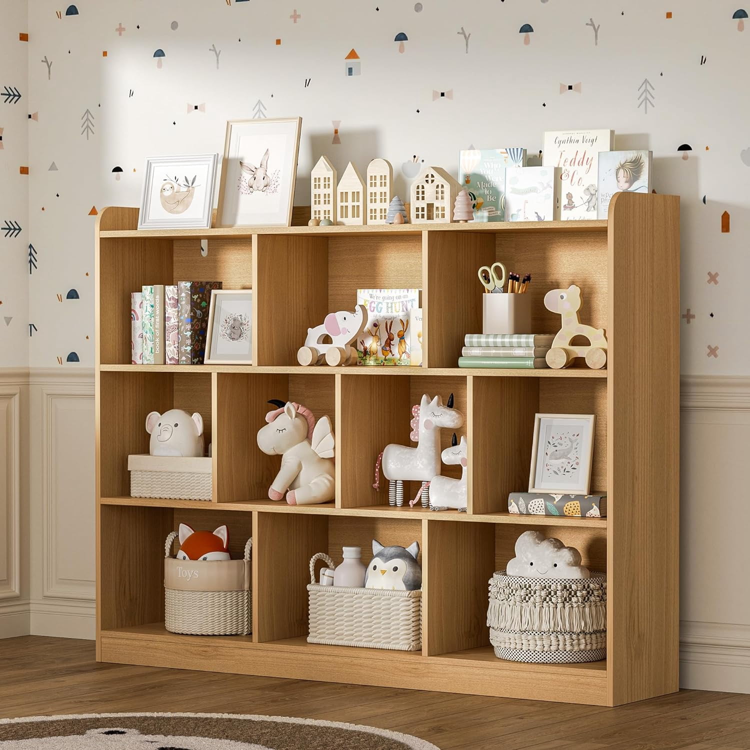 DIYART Oak Wood Bookcase with 3 Tier Open Shelves, 10-Cube Storage Shelf, 43.3" W x 35.4" H
