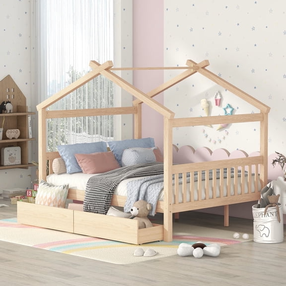 Kumix Platform Bed with Drawers, Wooden House Platform Bed Full Size with Roof Frame, Headboard and Footboard for Teens Adults, Heavy Duty Platform Bed for Bedroom, Noise-Free, Natural