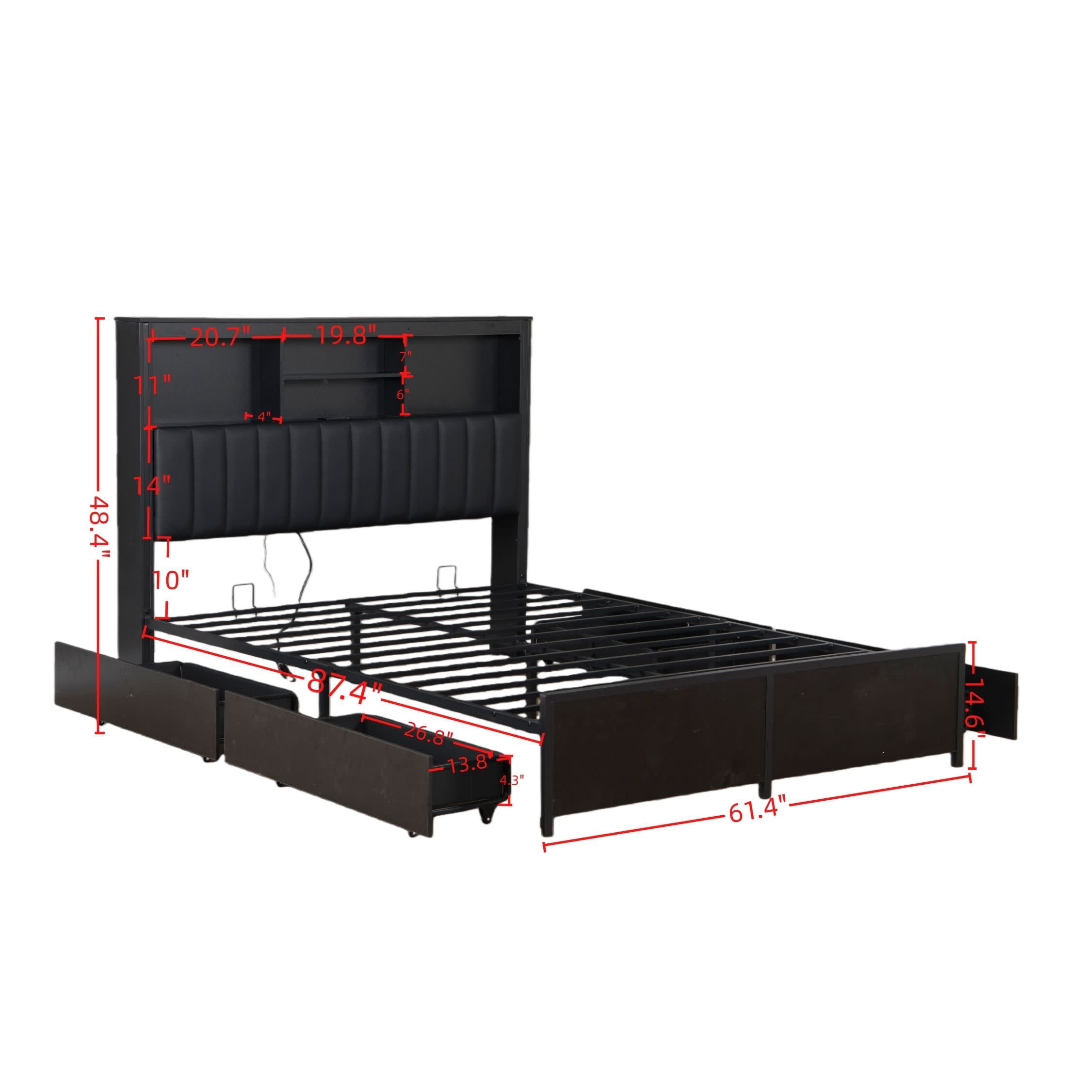 Noble House Junden Queen Bed Frame with Bookcase Headboard and Storage Drawers, LED Lights, Charging Station, Black