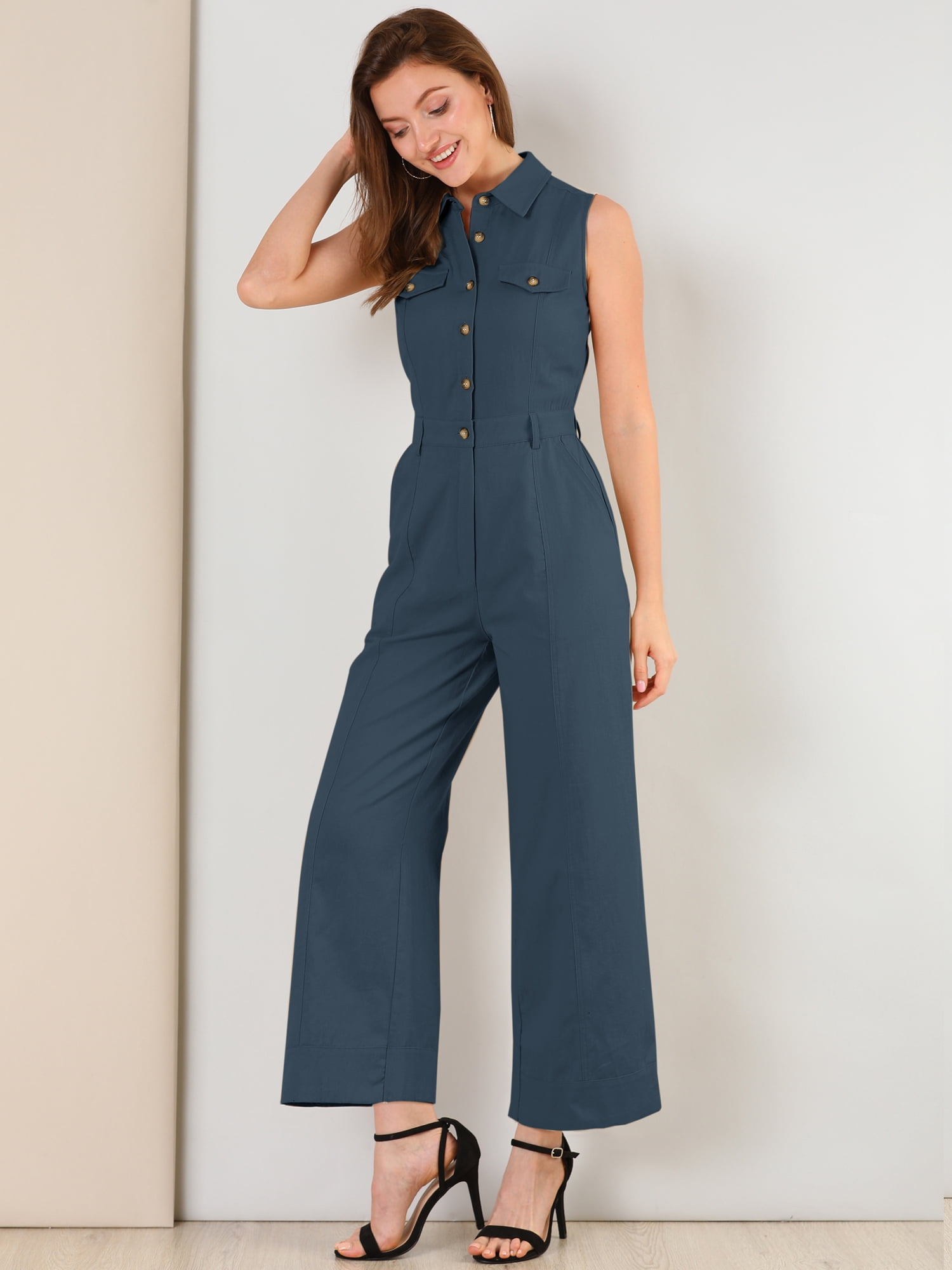 DARING DIVA Women's Wide Leg Jumpsuit Collared Tie Waist Coverall M Navy Blue