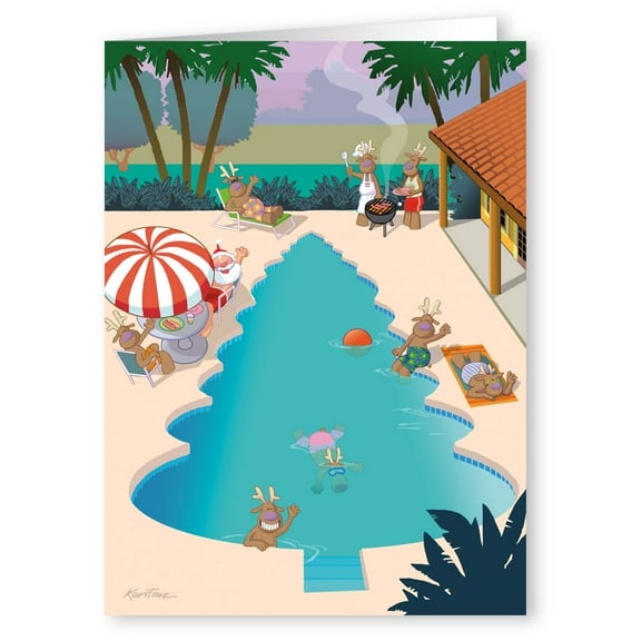 Christmas Tree Pool with Santa and his Reindeer - Funny Holiday Cards - 18 cards