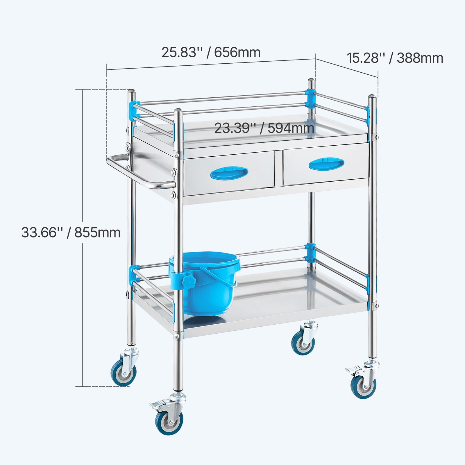 VEVOR Lab Serving Cart, 2 Layers Stainless Steel Utility Rolling Cart, Medical Cart with Two Drawers, Dental Utility Cart with Lockable Wheels and A Bucket, for Laboratory, Hospital, Dental Use