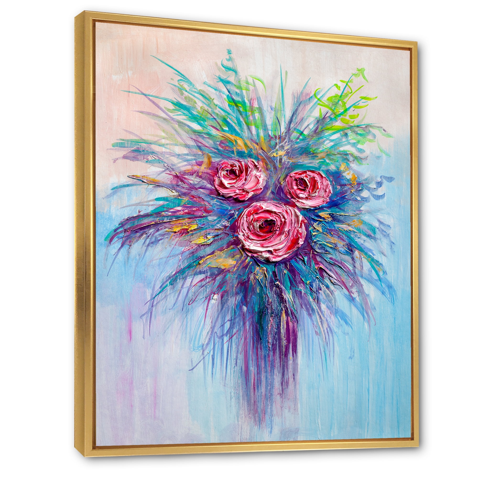Bouquet Of Red Roses In A Vase On Blue 12 in x 20 in Framed Painting Canvas Art Print, by Designart