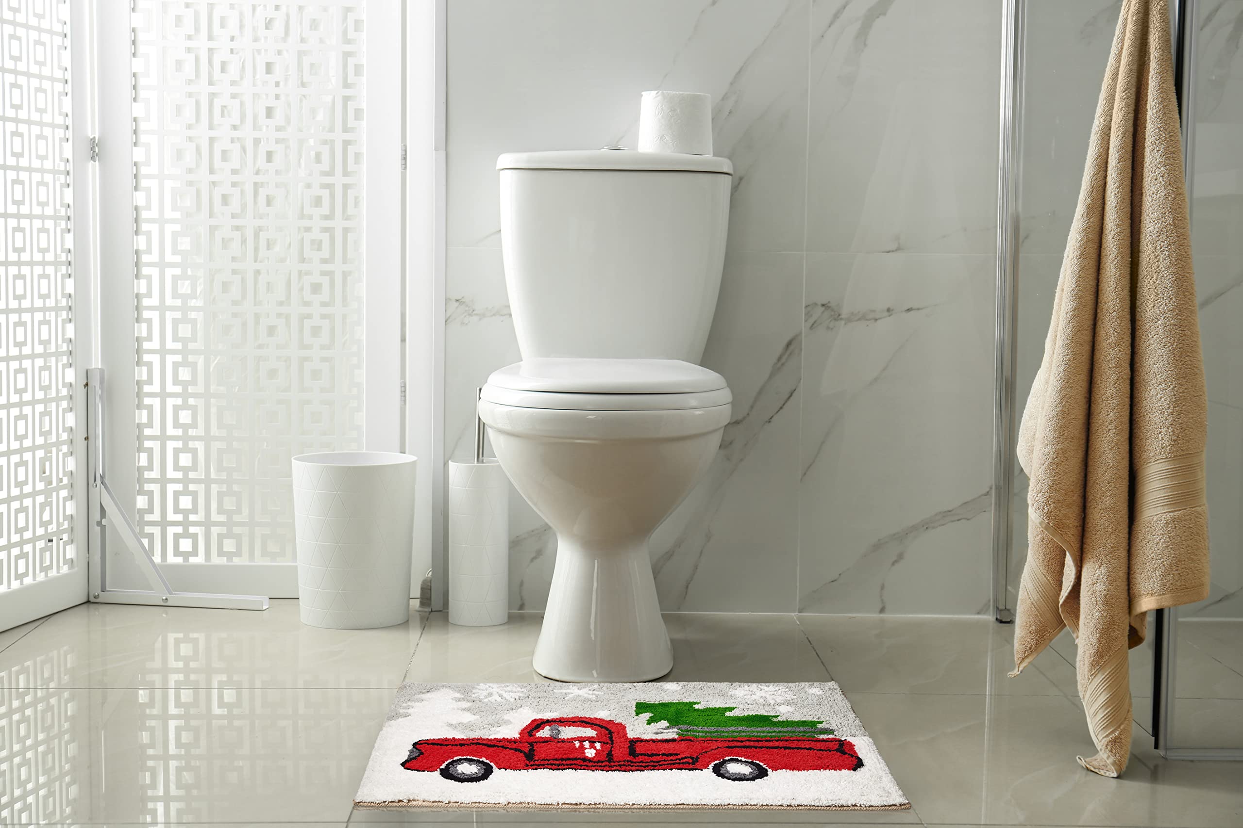 Gilbin Christmas Holiday Décor Square Pick Up Truck with Christmas Tree Water Absorbent Bathroom Vanity Bath Rug 20x30, 100% Cotton Bath Spa Mat Accent Rug Machine Washable
