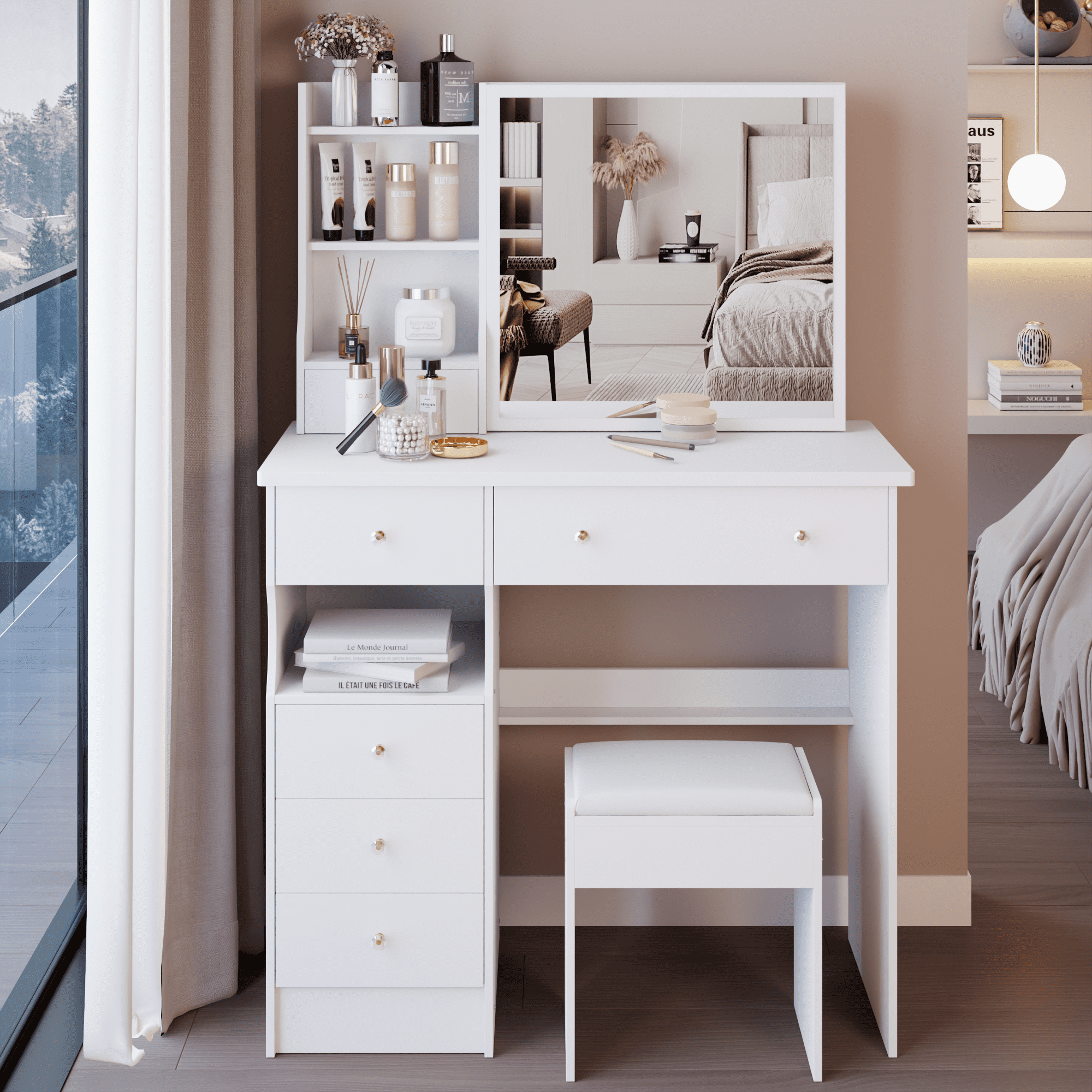 Drawer Desktop Vanity Table + Cushioned Stool, Multi Layer High Capacity Storage, Practical Fashionable Dresser White 37"