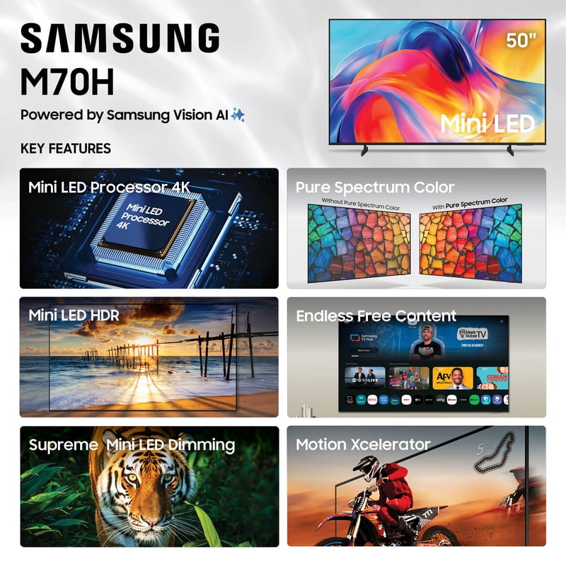 Samsung 50" Class M70HB Series Mini LED 4K UHD Samsung Vision AI Companion Smart Tizen TV 2026 - UN50M70HBFXZA front and back view