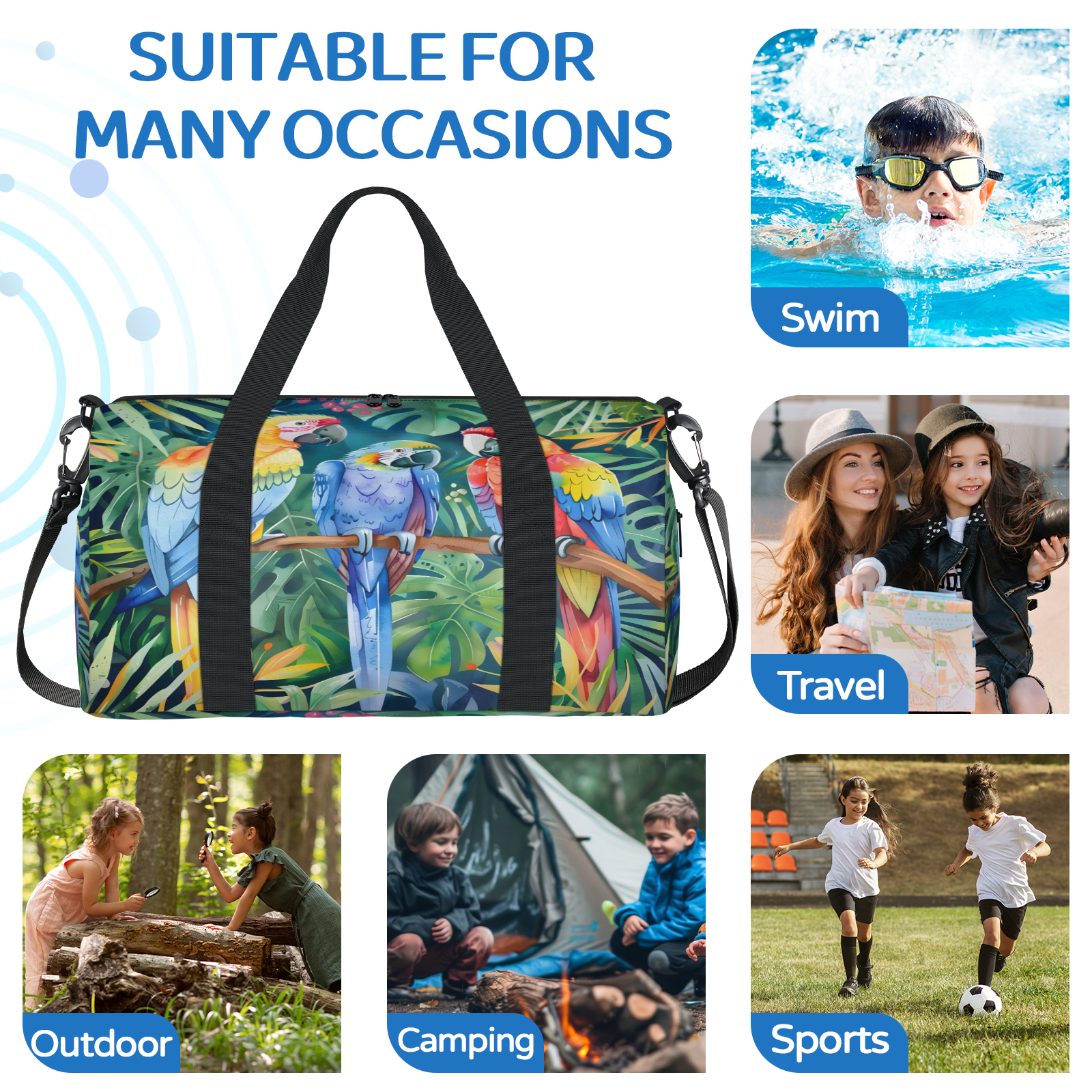 Herdesigns Parrot Tropical Palm Leaves Gym Bag for Women, Duffle Bag for Travel Sport, Lightweight Waterproof Carry on Weekender Overnight Dance Yoga Workout Bags