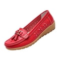 thumbnail image 2 of Domuza Casual Loafers for Women Metal Buckle Breathable Comfortable Leather Slip on Moccasins Loafers Shoes Driving Outdoor Walking Womens Flats Red 7（EU-38）, 2 of 4