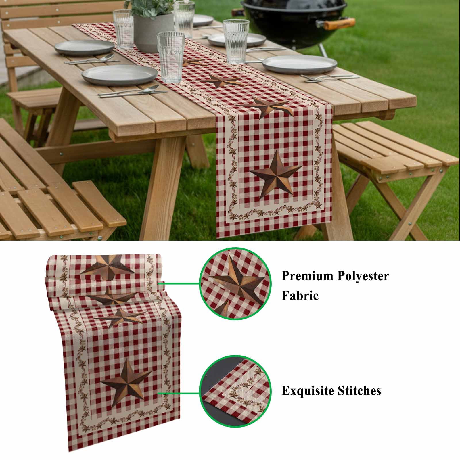 Rusty Country Stars Table Runner, Farmhouse Berries Vine Red Beige Plaid Cotton Linen Kitchen Table Decoration Washable Dining Tabletop Runners for Home Party Decor 13x108 Inches