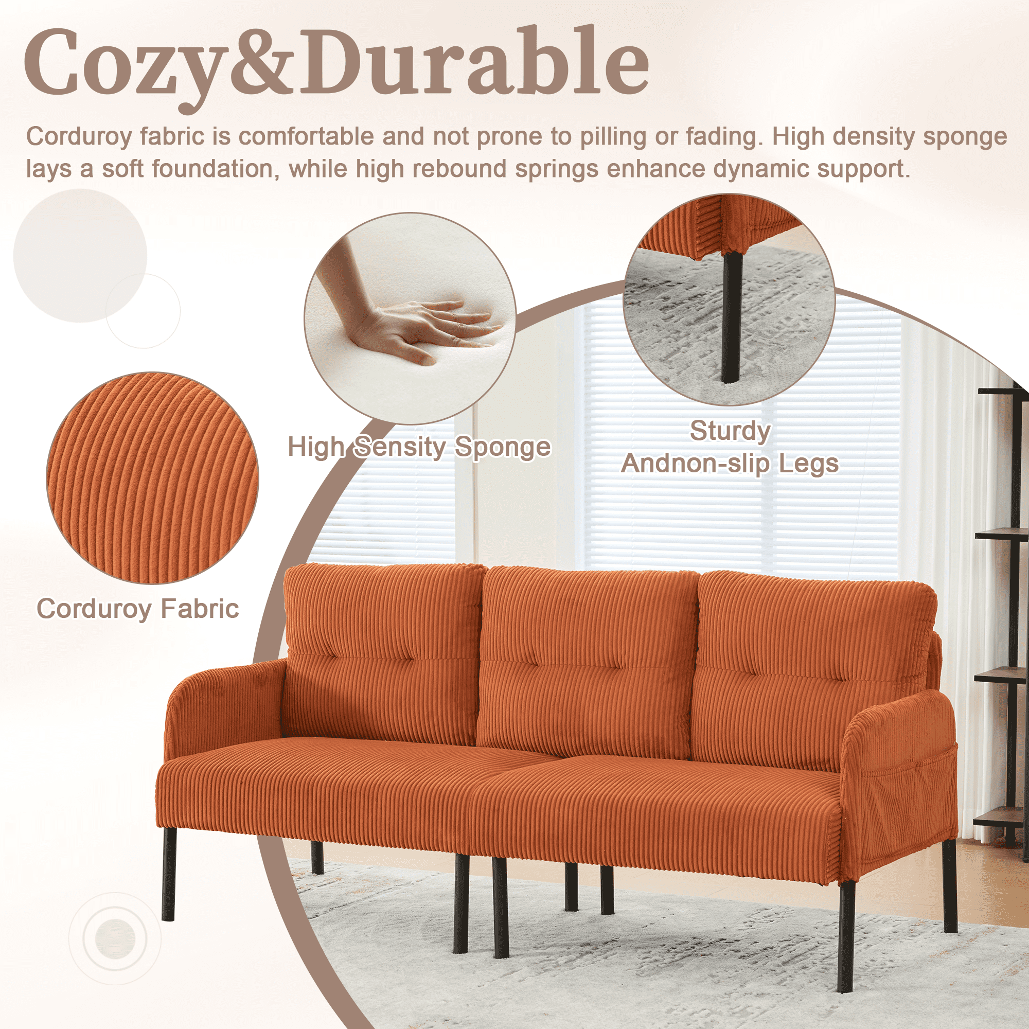 Jopath Oversized Loveseat, Double-Seater Sofa Cozy Bedroom Sofa with Metal Legs and Side Pockets for Living Room Bedroom Dorm Apartment Orange