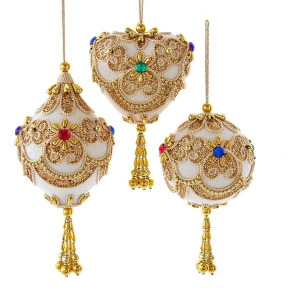 Set of 3 WHITE & GOLD Christmas Ornaments, Heart, Finial, Ball, by Kurt Adler