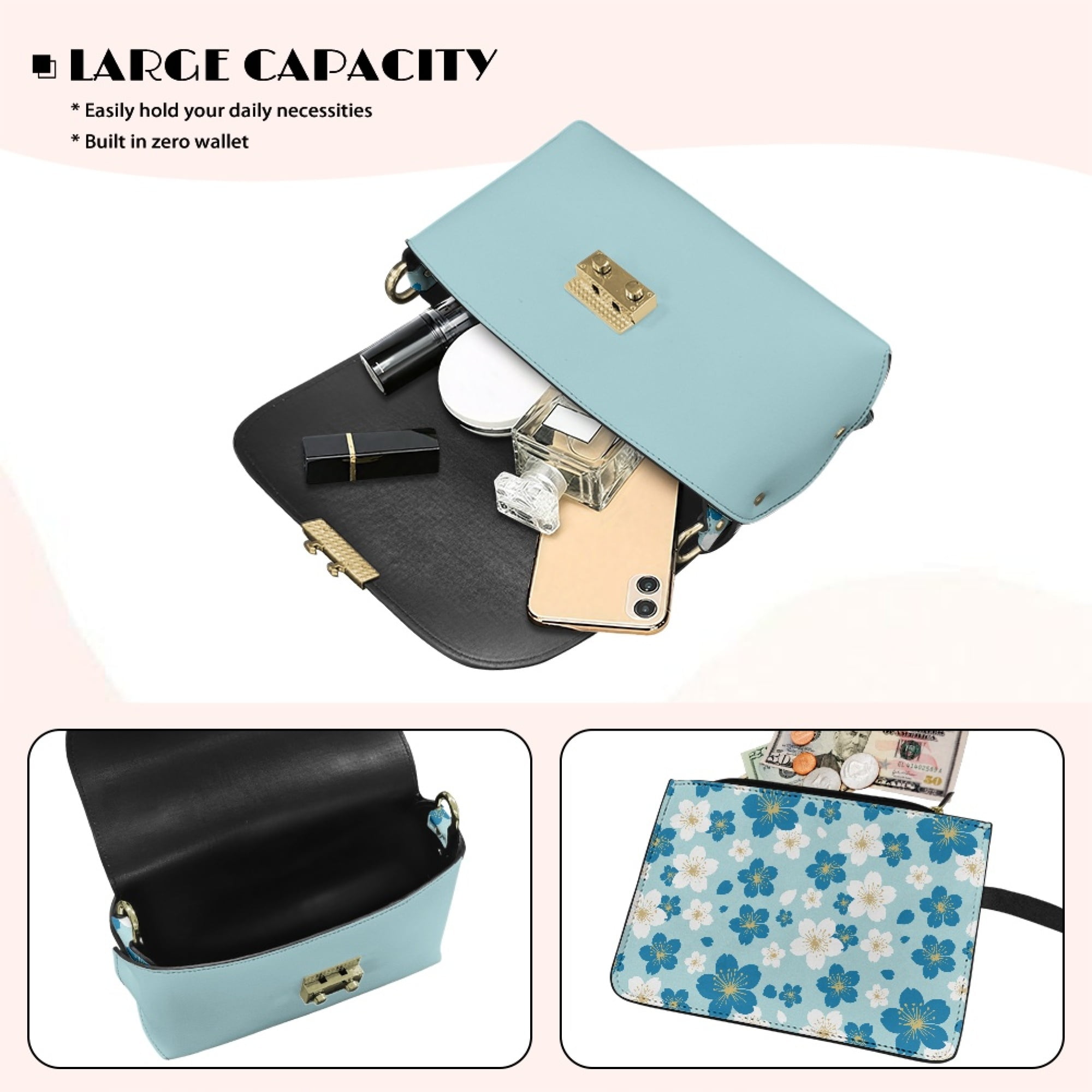 TSOVTHRID Blue Cherry Blossom Print Small Crossbody Bag for Women Leather Shoulder Handbags Trendy Women's Crossbody Bags with Small Shoulder Purses