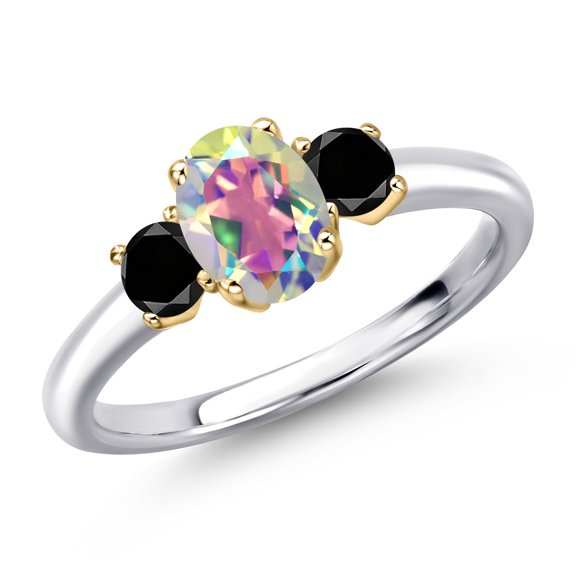 Gem Stone King 10K Two Tone Gold Mercury Mist Mystic Topaz and Black Diamond Engagement Ring for Women | 1.34 Cttw | Oval 7X5MM | Gemstone November Birthstone | Size 6