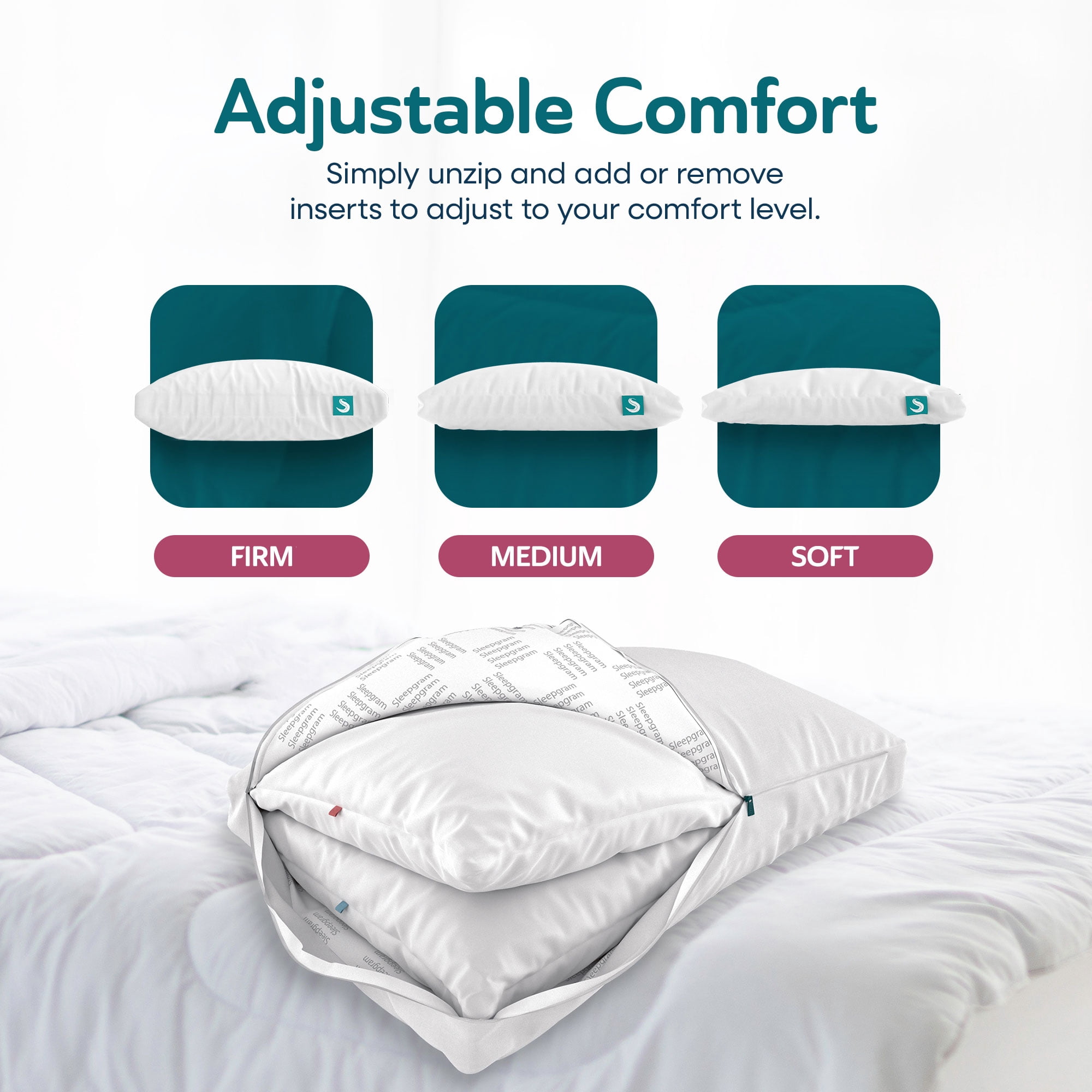 Sleepgram Bed Support Sleeping Pillow w/ Cover, Queen Size, White (2 Pack)