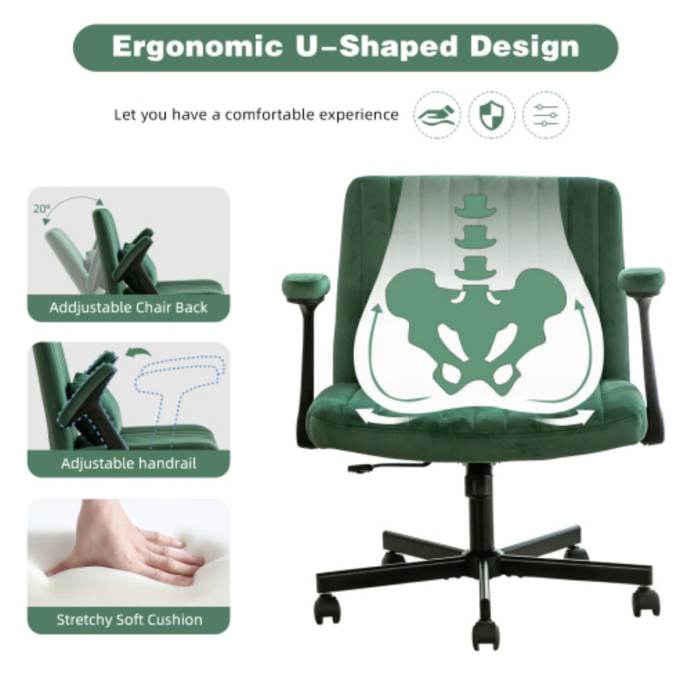 Velvet Criss Cross Office Chair with Wheels, Modern Upholstered Desk Chair with Adjustable Height, 360° Swivel & Tilt, Green