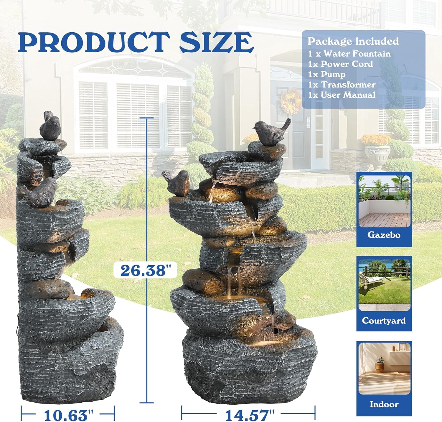 TITIMO 5-Tier Cascading Rock Water Fountain Outdoor Garden Waterfall with Lights, Fountain Indoor Decor for Garden, Patio, Backyard, Deck, Porch and Home Art Decor