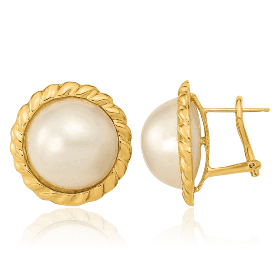 14K Solid Yellow Gold 13mm White Mabe Saltwater Cultured Pearl Omega Clip Back Post Stud Earrings