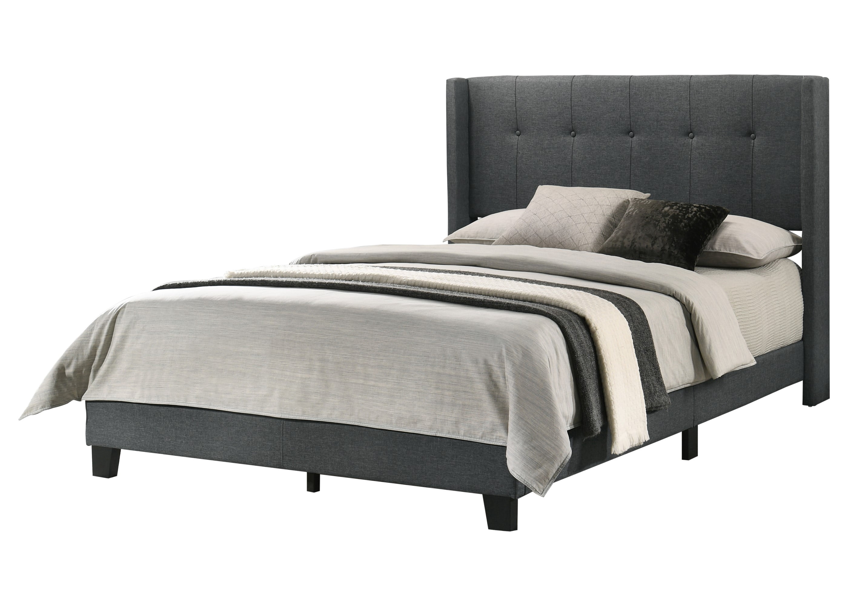 Home Design Evelyn King Upholstered Panel Bed Frame with Button Tufting and Wingback Design, Charcoal Gray, Easy Assembly