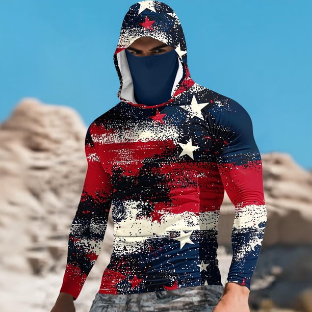 Ceisia Splatter Flag Print Hooded Top Men's Slim Fit Long Sleeve UV Protective Face Mask Shirt Red XL Gifts