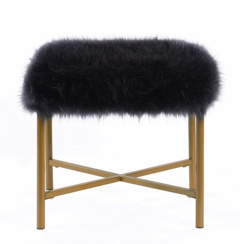Square Faux Fur Ottoman with Tubular Metal Legs & X Shape Base in Black