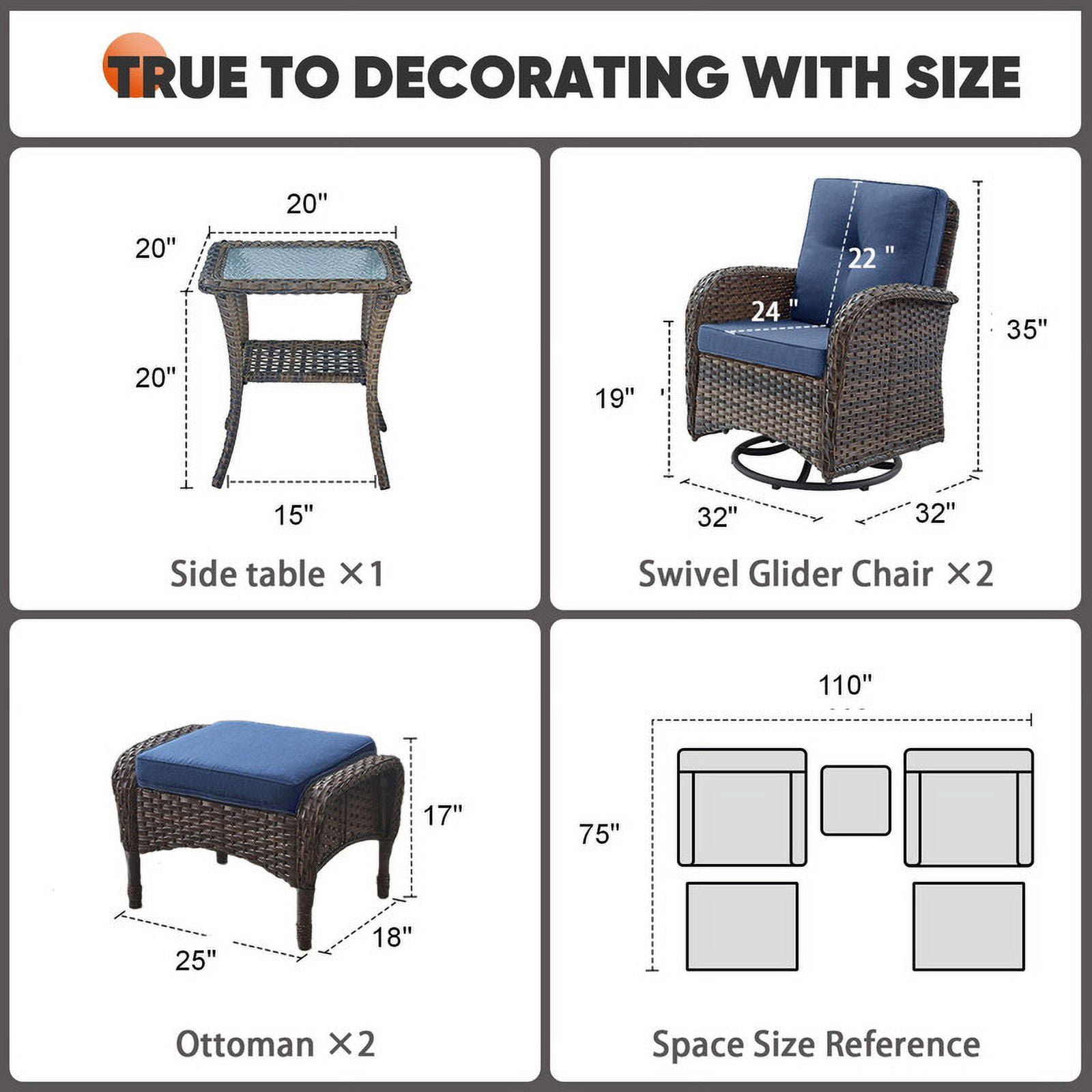 PARKWELL 5-Piece Outdoor Swivel Rocking Chair with Foot Rest,Side Table,360 Degree Swivel Glider Patio Rattan Wicker Conversation Bistro Furniture Sets,Blue