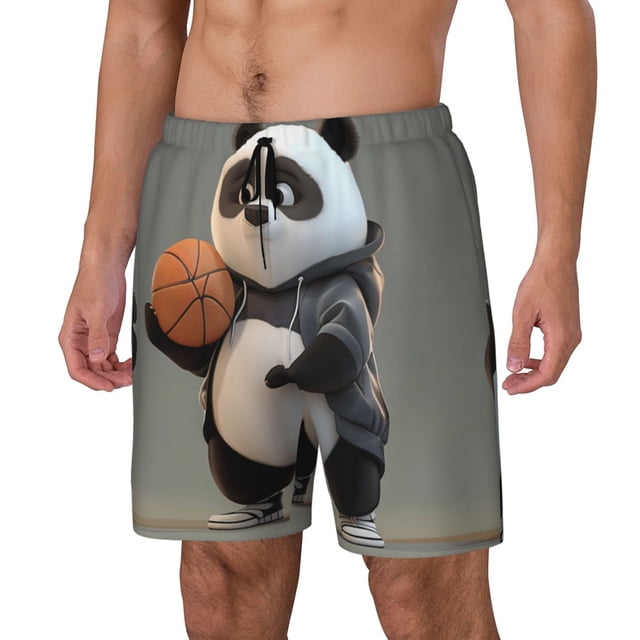 Lsque Cartoon Pandas Basketball Pattern Mens Swim Trunks- Bathing Suit Compression Liner - Beach Swim Shorts Swimwear - (S-3XL) - Stretch Quick Dry-Large