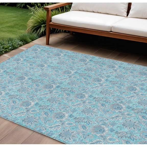9' X 12' Aqua Blue And Silver Floral Washable Indoor Outdoor Area Rug