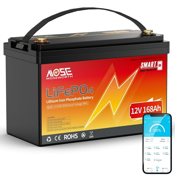 MOSEWORTH 12V 168Ah LiFePO4 Lithium Battery Bluetooth ,Low Temp Protection,for Trolling Motors, Marine, Boat, Solar,Max.2150Wh Energy,12V Lithium Battery up to 15000 Cycles