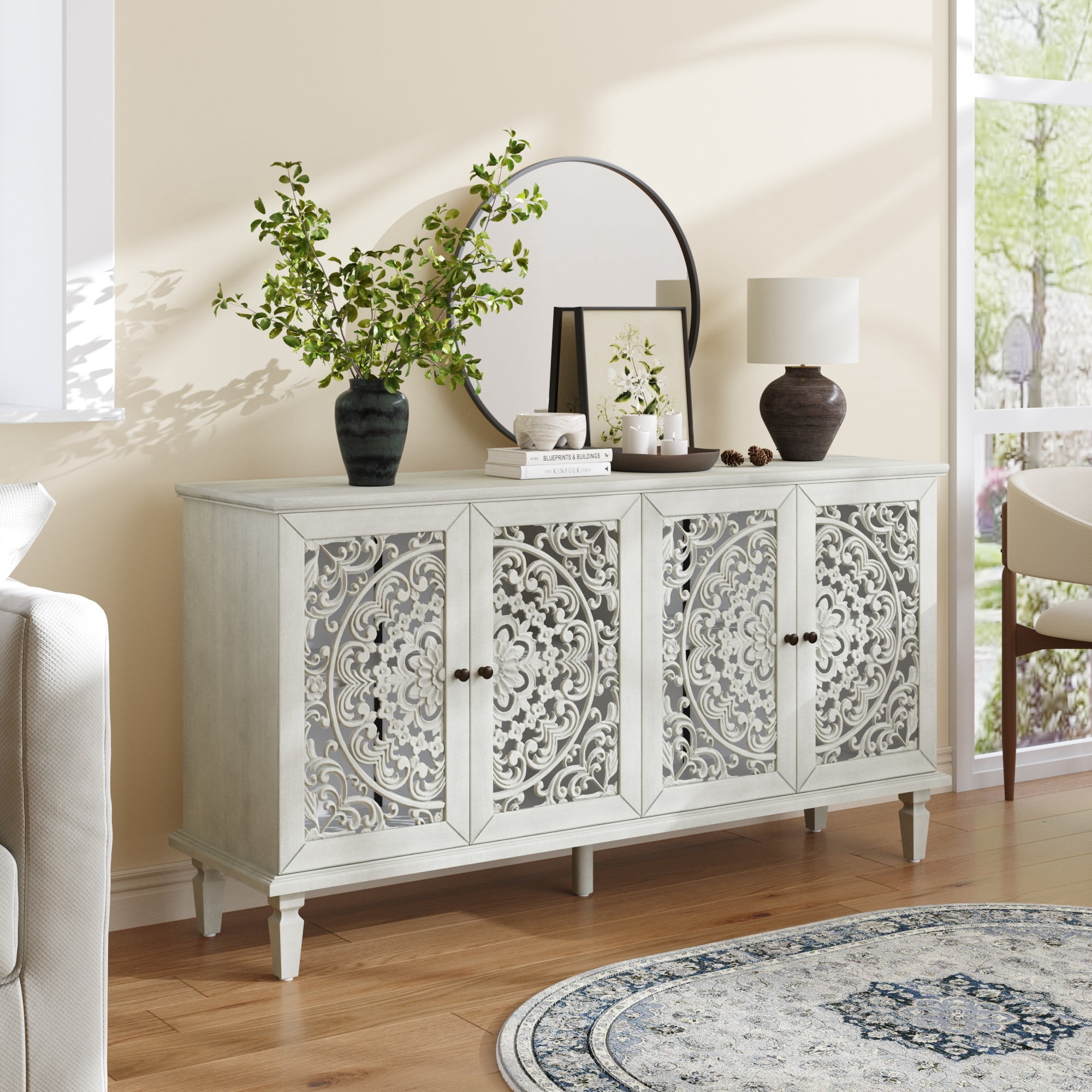 60" Antique Buffet Cabinet with Floral Carved Doors, TV Stand for 65 Inch TV, Sideboard Cabinet with Adjustable Shelves, Antique White