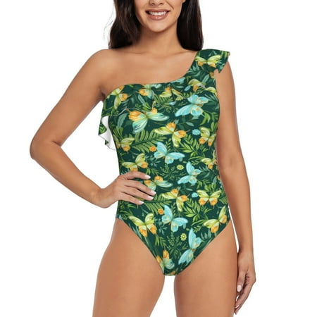Qokaie tropical butterflies and plants Print Women s One Piece Swimsuits Tummy Control Bathing Suits Asymmetric One Shoulder Swimwear-Large