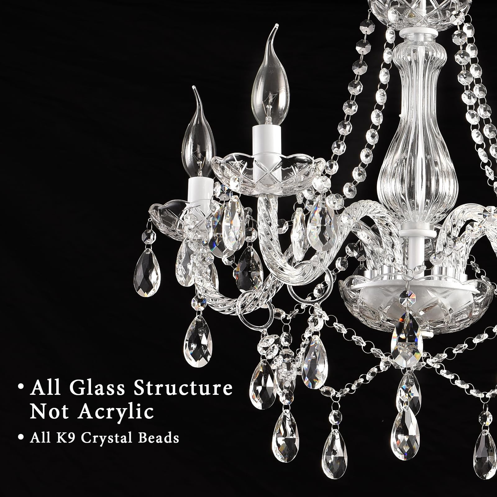 DIMMABLE Plug-in Glass Chandelier 5 Light Crystal, White Hanging Pendant Light Fixture with Cord, Classic Vintage K9 Crystals Beads for Girls' Room Dining Area