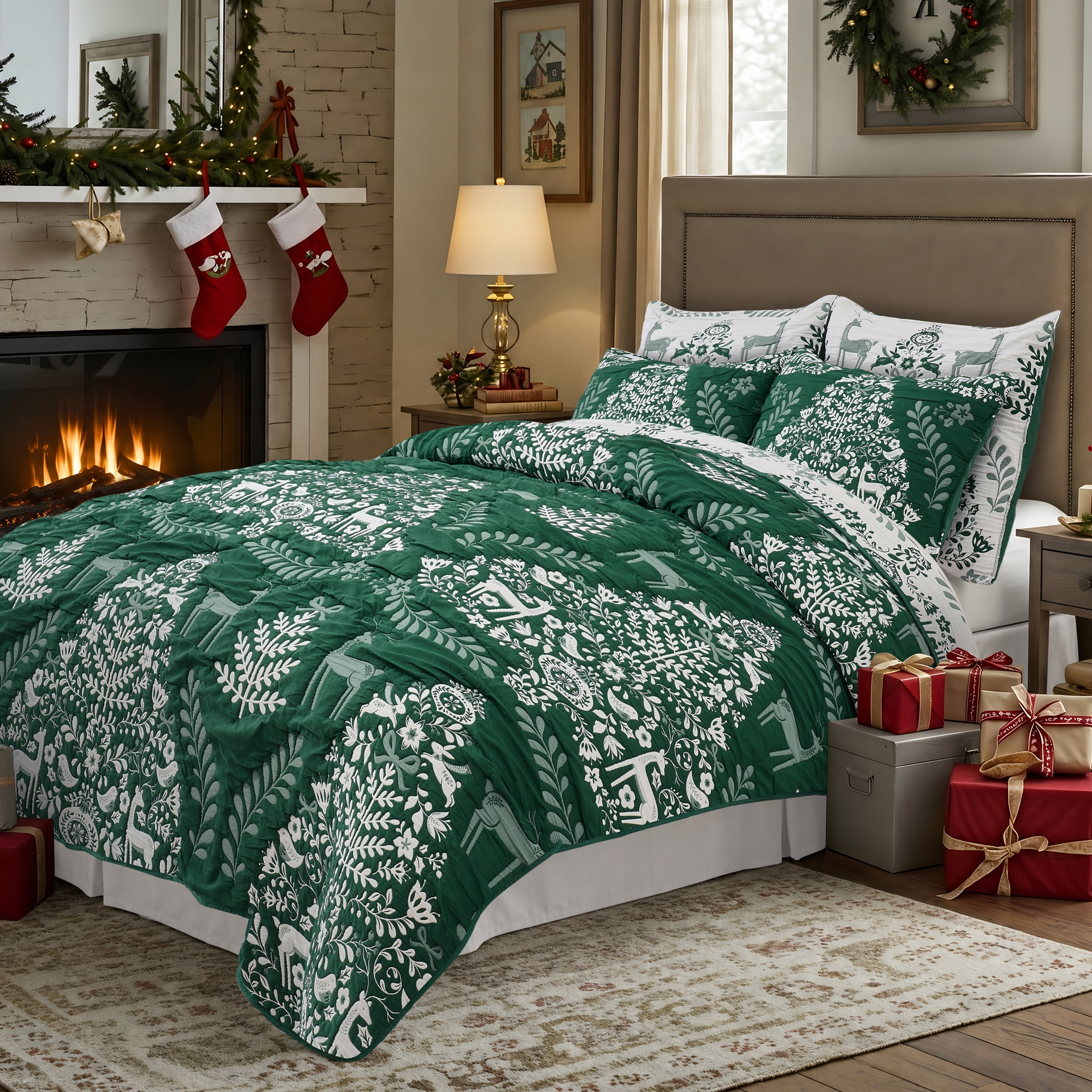 Greenland Home Noella Green Holiday Reversible Coverlet Set, 2-Piece Twin, for Adults