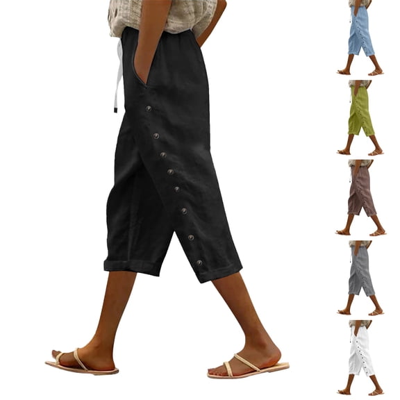 Women's Casual Beach Trousers in Soft Cotton Linen Blend with Elastic Waist Comfortable Solid Color Summer Pants