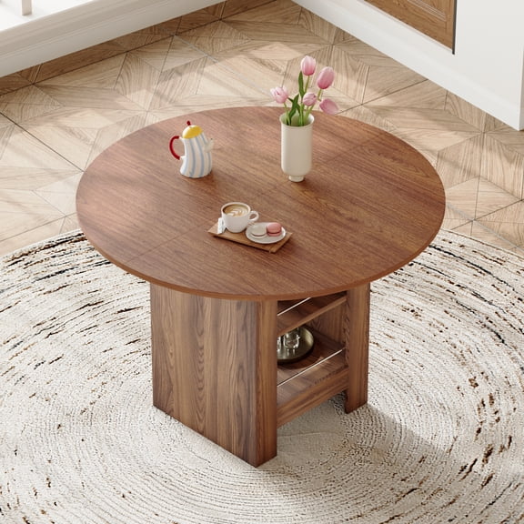 TesNus 42 inch Round Dining Table 30 inch Height MDF Walnut Finish with Double Storage Shelves Single Box for Dining Room Kitchen Apartment