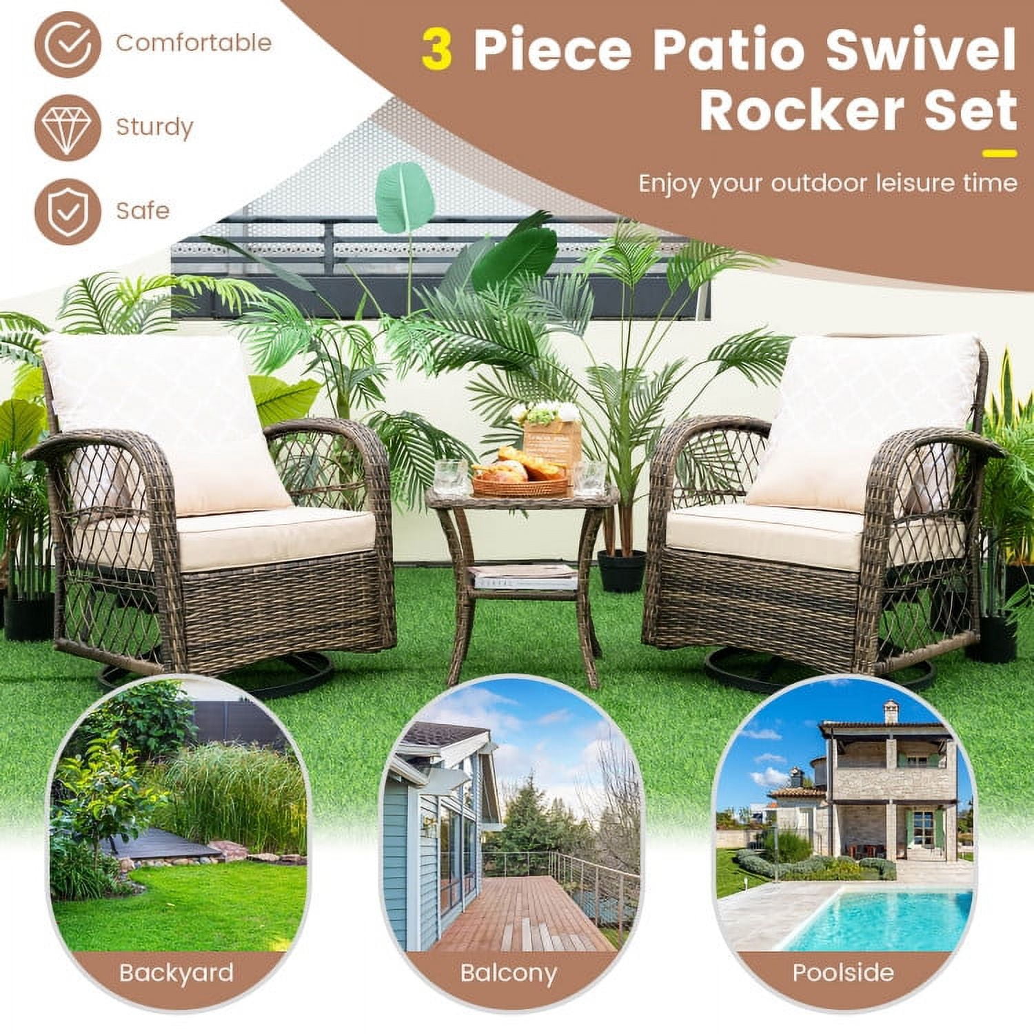 Aimee Lii 3 Pieces Outdoor Wicker Conversation Set with Tempered Glass Coffee Table, Patio Sectional Furniture Set, Beige
