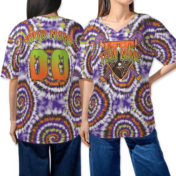 Halloween Tie Dye Baseball Jersey Shirt – Custom Name & Number – Unisex Spooky Team Costume Shirt for Halloween Party, Sports Events & Trick or Treat