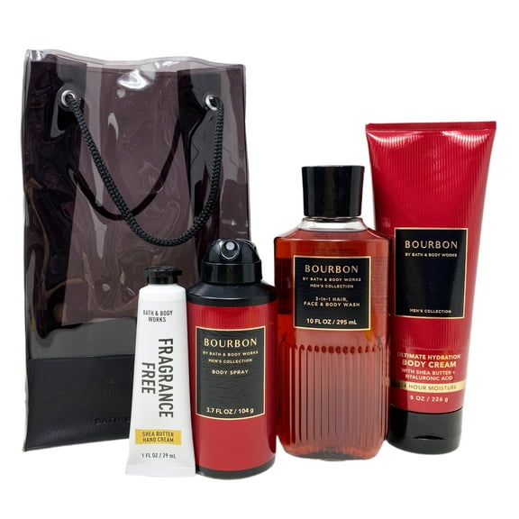 Bath & Body Works BOURBON Men's Gift Bag Set - Body Cream, 2 in 1 Body Face & Body Wash, Body Spray, Shea Butter Hand Cream