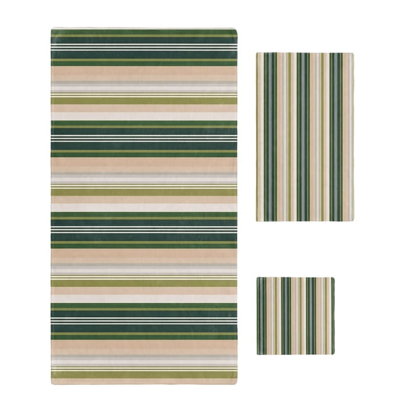 Green Brown Striped Towel Set of 3, Soft Microfiber Bath Towels, Hand Towel, Washcloths, Modern Stripes Art Farmhouse Quick-Dry Absorbent Towels for Bathroom Kitchen Hotel Beach Gym Spa