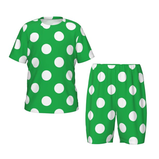 Balery Green And White Polka Dot Conjunto de Pijama Infantil de Manga Corta con Estampado – Ropa de Dormir de Algodón Suave-Small