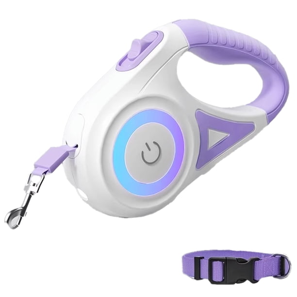 Correa retráctil para perros de 16 pies/5 m con luz LED | Correa retráctil con cinta de nailon reflectante y collar (morado)