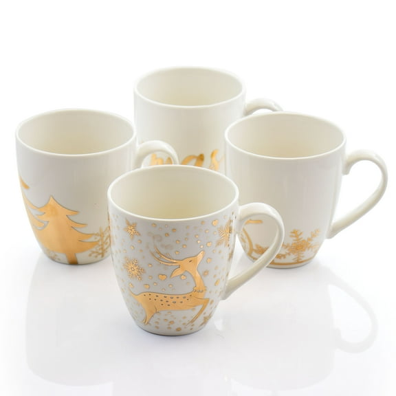Holiday Gold 4 Piece 20 Ounce Fine Ceramic Cup Set with Assorted Designs